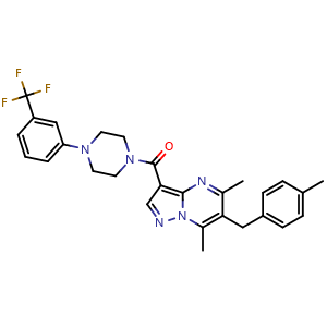 Chemical structure of (5,7-dimethyl-6-(4-methylbenzyl)pyrazolo[1,5-a]pyrimidin-3-yl)(4-(3-(trifluoromethyl)phenyl)piperazin-1-yl)methanone , CAS 423128-55-6, AChemBlock X208898