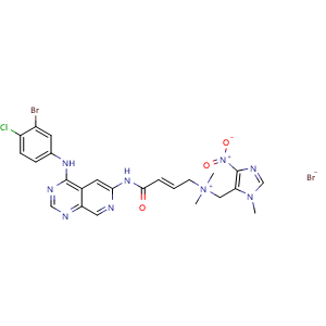 Chemical structure of (E)-4-((4-((3-bromo-4-chlorophenyl)amino)pyrido[3,4-d]pyrimidin-6-yl)amino)-N,N-dimethyl-N-((1-methyl-4-nitro-1H-imidazol-5-yl)methyl)-4-oxobut-2-en-1-aminium bromide , CAS 1636180-98-7, AChemBlock X208908