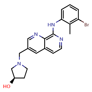 Chemical structure of (R)-1-((8-((3-bromo-2-methylphenyl)amino)-1,7-naphthyridin-3-yl)methyl)pyrrolidin-3-ol , CAS 2230846-78-1, AChemBlock X208915