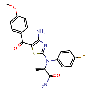 Chemical structure of (R)-2-((4-amino-5-(4-methoxybenzoyl)thiazol-2-yl)(4-fluorophenyl)amino)propanamide , CAS 2732902-08-6, AChemBlock X208918