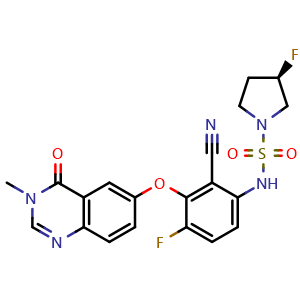 Chemical structure of (R)-N-(2-cyano-4-fluoro-3-((3-methyl-4-oxo-3,4-dihydroquinazolin-6-yl)oxy)phenyl)-3-fluoropyrrolidine-1-sulfonamide , CAS 2649372-20-1, AChemBlock X208925