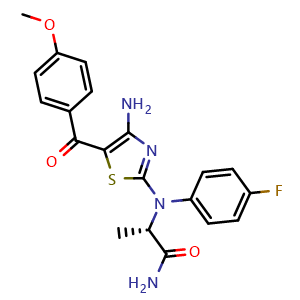 Chemical structure of (S)-2-((4-amino-5-(4-methoxybenzoyl)thiazol-2-yl)(4-fluorophenyl)amino)propanamide , CAS 2732902-09-7, AChemBlock X208930