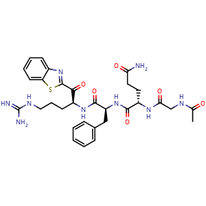 Chemical structure of (S)-2-(2-acetamidoacetamido)-N1-((S)-1-(((S)-1-(benzo[d]thiazol-2-yl)-5-guanidino-1-oxopentan-2-yl)amino)-1-oxo-3-phenylpropan-2-yl)pentanediamide , CAS 2574390-27-3, AChemBlock X208931