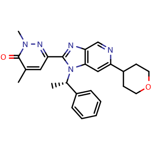 Chemical structure of (S)-2,4-dimethyl-6-(1-(1-phenylethyl)-6-(tetrahydro-2H-pyran-4-yl)-1H-imidazo[4,5-c]pyridin-2-yl)pyridazin-3(2H)-one , CAS 1660117-38-3, AChemBlock X208933