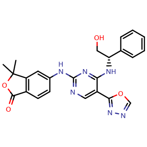 Chemical structure of (S)-5-((4-((2-hydroxy-1-phenylethyl)amino)-5-(1,3,4-oxadiazol-2-yl)pyrimidin-2-yl)amino)-3,3-dimethylisobenzofuran-1(3H)-one , CAS 2320462-65-3, AChemBlock X208939