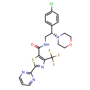 Chemical structure of (S)-N-(2-(4-chlorophenyl)-2-morpholinoethyl)-2-(pyrimidin-2-yl)-4-(trifluoromethyl)thiazole-5-carboxamide , CAS 2097117-06-9, AChemBlock X208944