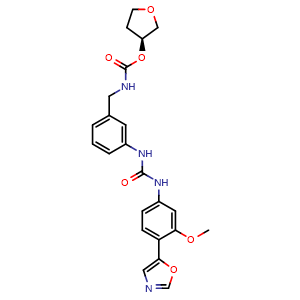 Chemical structure of (S)-tetrahydrofuran-3-yl (3-(3-(3-methoxy-4-(oxazol-5-yl)phenyl)ureido)benzyl)carbamate , CAS 198821-22-6, AChemBlock X208948