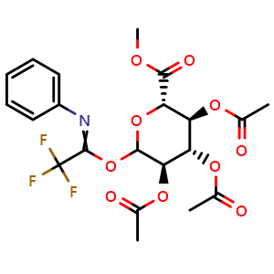 Chemical structure of (2S,3S,4S,5R)-2-(methoxycarbonyl)-6-(2,2,2-trifluoro-1-(phenylimino)ethoxy)tetrahydro-2H-pyran-3,4,5-triyl triacetate , CAS 869996-05-4, AChemBlock X208966