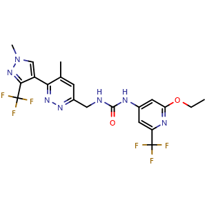 Chemical structure of 1-(2-ethoxy-6-(trifluoromethyl)pyridin-4-yl)-3-((5-methyl-6-(1-methyl-3-(trifluoromethyl)-1H-pyrazol-4-yl)pyridazin-3-yl)methyl)urea , CAS 2130996-00-6, AChemBlock X208968