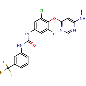 Chemical structure of 1-(3,5-dichloro-4-((6-(methylamino)pyrimidin-4-yl)oxy)phenyl)-3-(3-(trifluoromethyl)phenyl)urea , CAS 2241651-99-8, AChemBlock X208970