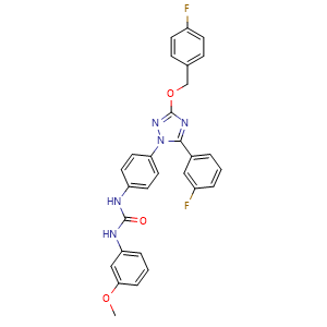 Chemical structure of 1-(4-(3-((4-fluorobenzyl)oxy)-5-(3-fluorophenyl)-1H-1,2,4-triazol-1-yl)phenyl)-3-(3-methoxyphenyl)urea , CAS 1192944-73-2, AChemBlock X208973
