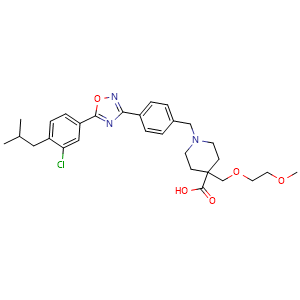 Chemical structure of 1-(4-(5-(3-chloro-4-isobutylphenyl)-1,2,4-oxadiazol-3-yl)benzyl)-4-((2-methoxyethoxy)methyl)piperidine-4-carboxylic acid , CAS 1403232-33-6, AChemBlock X208975