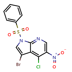 Chemical structure of 1-(benzenesulfonyl)-3-bromo-4-chloro-5-nitro-pyrrolo[2,3-b]pyridine , CAS 2757551-02-1, AChemBlock X208979