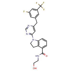 Chemical structure of 1-[6-[[3-fluoro-5-(trifluoromethyl)phenyl]methyl]pyrimidin-4-yl]-N-(2-hydroxyethyl)-2,3-dihydroindole-4-carboxamide , CAS 2624131-45-7, AChemBlock X209001
