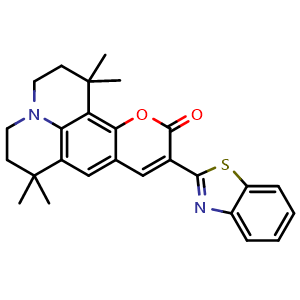 Chemical structure of 10-(benzo[d]thiazol-2-yl)-1,1,7,7-tetramethyl-2,3,6,7-tetrahydro-1H,5H,11H-pyrano[2,3-f]pyrido[3,2,1-ij]quinolin-11-one , CAS 155306-71-1, AChemBlock X209002