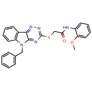 Chemical structure of 2-((5-benzyl-5H-[1,2,4]triazino[5,6-b]indol-3-yl)thio)-N-(2-methoxyphenyl)acetamide , CAS 550301-63-8, AChemBlock X209012