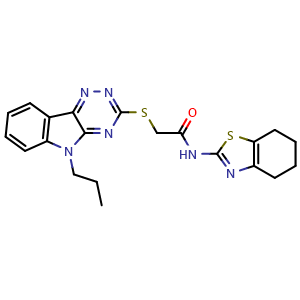 Chemical structure of 2-((5-propyl-5H-[1,2,4]triazino[5,6-b]indol-3-yl)thio)-N-(4,5,6,7-tetrahydrobenzo[d]thiazol-2-yl)acetamide , CAS 522650-91-5, AChemBlock X209013