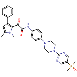 Chemical structure of 2-(1,5-dimethyl-3-phenyl-1H-pyrrol-2-yl)-N-(4-(4-(5-(dimethylphosphoryl)pyrimidin-2-yl)piperazin-1-yl)phenyl)-2-oxoacetamide , CAS 2841463-85-0, AChemBlock X209018
