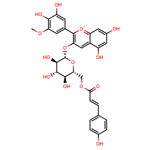 Chemical structure of 2-(3,4-dihydroxy-5-methoxyphenyl)-5,7-dihydroxy-3-(((2S,3R,4S,5S,6R)-3,4,5-trihydroxy-6-((((E)-3-(4-hydroxyphenyl)acryloyl)oxy)methyl)tetrahydro-2H-pyran-2-yl)oxy)chromenylium , CAS 305833-55-0, AChemBlock X209025