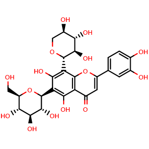 Chemical structure of 2-(3,4-dihydroxyphenyl)-5,7-dihydroxy-6-((2S,3R,4R,5S,6R)-3,4,5-trihydroxy-6-(hydroxymethyl)tetrahydro-2H-pyran-2-yl)-8-((2S,3R,4S,5R)-3,4,5-trihydroxytetrahydro-2H-pyran-2-yl)-4H-chromen-4-one , CAS 12656-83-6, AChemBlock X209028