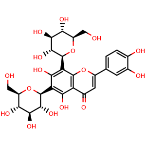 Chemical structure of 2-(3,4-dihydroxyphenyl)-5,7-dihydroxy-6,8-bis((2S,3R,4R,5S,6R)-3,4,5-trihydroxy-6-(hydroxymethyl)tetrahydro-2H-pyran-2-yl)-4H-chromen-4-one , CAS 29428-58-8, AChemBlock X209029