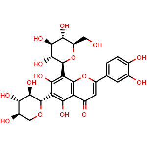 Chemical structure of 2-(3,4-dihydroxyphenyl)-5,7-dihydroxy-8-((2S,3R,4R,5S,6R)-3,4,5-trihydroxy-6-(hydroxymethyl)tetrahydro-2H-pyran-2-yl)-6-((2S,3R,4S,5R)-3,4,5-trihydroxytetrahydro-2H-pyran-2-yl)-4H-chromen-4-one , CAS 35927-39-0, AChemBlock X209030