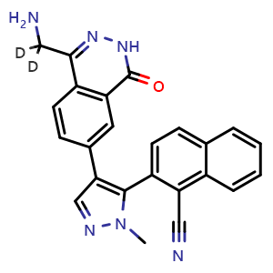 Chemical structure of 2-(4-(1-(aminomethyl-d2)-4-oxo-3,4-dihydrophthalazin-6-yl)-1-methyl-1H-pyrazol-5-yl)-1-naphthonitrile , AChemBlock X209035