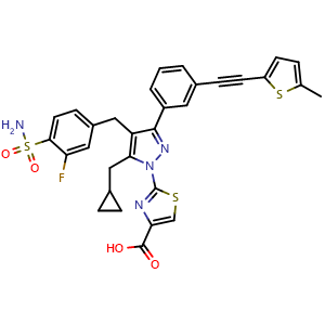 Chemical structure of 2-(5-(cyclopropylmethyl)-4-(3-fluoro-4-sulfamoylbenzyl)-3-(3-((5-methylthiophen-2-yl)ethynyl)phenyl)-1H-pyrazol-1-yl)thiazole-4-carboxylic acid , CAS 1964517-04-1, AChemBlock X209038