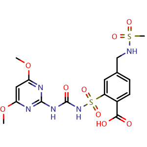 Chemical structure of 2-(N-((4,6-dimethoxypyrimidin-2-yl)carbamoyl)sulfamoyl)-4-(methylsulfonamidomethyl)benzoic acid , CAS 400852-66-6, AChemBlock X209042