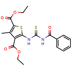 Chemical structure of 2,4-diethyl 3-methyl-5-{[(phenylformamido)methanethioyl]amino}thiophene-2,4-dicarboxylate , CAS 117516-89-9, AChemBlock X209055