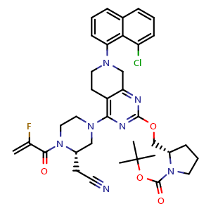 Chemical structure of 2-[(S)-4-[2-[[(S)-1-Boc-2-pyrrolidinyl]methoxy]-7-(8-chloro-1-naphthyl)-5,6,7,8-tetrahydropyrido[3,4-d]pyrimidin-4-yl]-1-(2-fluoroacryloyl)-2-piperazinyl]acetonitrile , CAS 2326525-49-7, AChemBlock X209068
