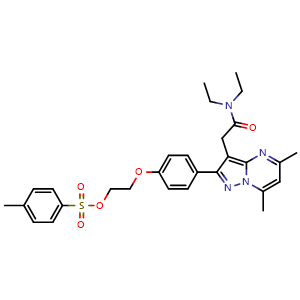 Chemical structure of 2-[4-[3-[2-(Diethylamino)-2-oxoethyl]-5,7-dimethylpyrazolo[1,5-a]pyrimidin-2-yl]phenoxy]ethyl 4-methylbenzenesulfonate , CAS 958233-17-5, AChemBlock X209071