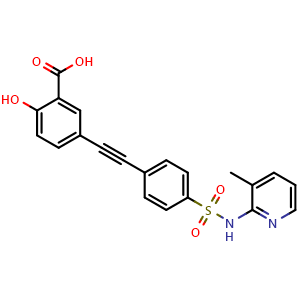 Chemical structure of 2-hydroxy-5-[2-[4-[(3-methylpyridin-2-yl)sulfamoyl]phenyl]ethynyl]benzoic acid , CAS 149556-49-0, AChemBlock X209082