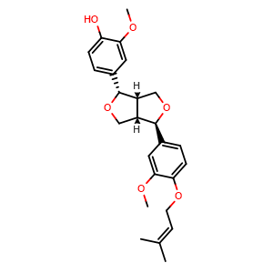Chemical structure of 2-methoxy-4-((1S,3aS,4R,6aS)-4-(3-methoxy-4-((3-methylbut-2-en-1-yl)oxy)phenyl)tetrahydro-1H,3H-furo[3,4-c]furan-1-yl)phenol , CAS 1202761-42-9, AChemBlock X209083