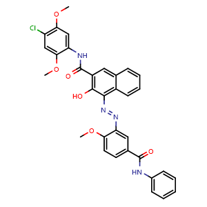 Chemical structure of 2-Naphthalenecarboxamide,N-(4-chloro-2,5-dimethoxyphenyl)-3-hydroxy-4-[[2-methoxy-5-[(phenylamino)carbonyl]phenyl]azo]- , CAS 5280-68-2, AChemBlock X209085