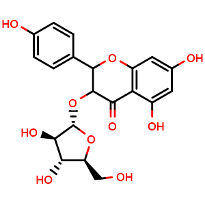 Chemical structure of 3-(((2S,3R,4R,5S)-3,4-dihydroxy-5-(hydroxymethyl)tetrahydrofuran-2-yl)oxy)-5,7-dihydroxy-2-(4-hydroxyphenyl)chroman-4-one , CAS 724434-09-7, AChemBlock X209087