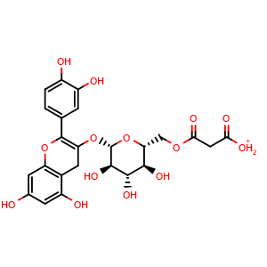 Chemical structure of 3-(((2S,3R,4S,5S,6R)-6-((2-carboxyacetoxy)methyl)-3,4,5-trihydroxytetrahydro-2H-pyran-2-yl)oxy)-2-(3,4-dihydroxyphenyl)-5,7-dihydroxychromenylium , CAS 171828-62-9, AChemBlock X209088