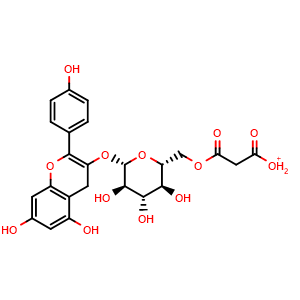 Chemical structure of 3-(((2S,3R,4S,5S,6R)-6-((2-carboxyacetoxy)methyl)-3,4,5-trihydroxytetrahydro-2H-pyran-2-yl)oxy)-5,7-dihydroxy-2-(4-hydroxyphenyl)chromenylium , CAS 165070-68-8, AChemBlock X209089