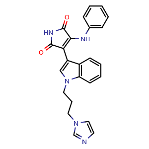 Chemical structure of 3-(1-(3-Imidazol-1-ylpropyl)-1H-indol-3-yl)-4-anilino-1H-pyrrole-2,5-dione , CAS 257879-35-9, AChemBlock X209091