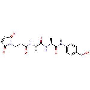 Chemical structure of 3-(2,5-dioxo-2,5-dihydro-1H-pyrrol-1-yl)-N-((S)-1-(((S)-1-((4-(hydroxymethyl)phenyl)amino)-1-oxopropan-2-yl)amino)-1-oxopropan-2-yl)propanamide , CAS 1949793-47-8, AChemBlock X209095
