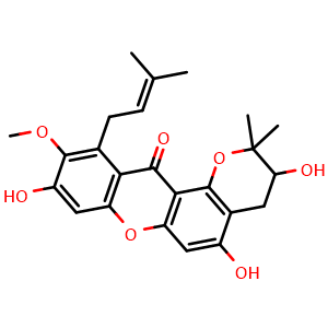 Chemical structure of 3,5,9-trihydroxy-10-methoxy-2,2-dimethyl-11-(3-methylbut-2-en-1-yl)-3,4-dihydro-2H,12H-pyrano[2,3-a]xanthen-12-one , CAS 164365-71-3, AChemBlock X209109