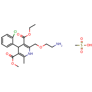 Chemical structure of 3-Ethyl 5-methyl 2-((2-aminoethoxy)methyl)-4-(2-chlorophenyl)-6-methyl-1,4-dihydropyridine-3,5-dicarboxylate methanesulfonate , CAS 246852-12-0, AChemBlock X209132
