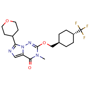 Chemical structure of 3-methyl-7-(tetrahydro-2H-pyran-4-yl)-2-(((1r,4r)-4-(trifluoromethyl)cyclohexyl)methoxy)imidazo[5,1-f][1,2,4]triazin-4(3H)-one , CAS 2007975-22-4, AChemBlock X209134