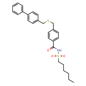 Chemical structure of 4-((([1,1'-biphenyl]-4-ylmethyl)thio)methyl)-N-(hexylsulfonyl)benzamide , CAS 1621673-53-7, AChemBlock X209136