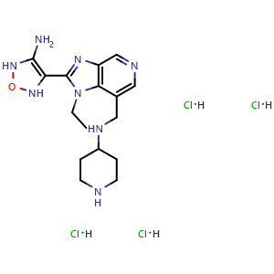 Chemical structure of 4-(1-ethyl-7-((piperidin-4-ylamino)methyl)-1H-imidazo[4,5-c]pyridin-2-yl)-2,5-dihydro-1,2,5-oxadiazol-3-amine tetrahydrochloride , CAS 2108968-31-4, AChemBlock X209142