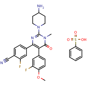 Chemical structure of 4-(2-(4-aminopiperidin-1-yl)-5-(3-fluoro-4-methoxyphenyl)-1-methyl-6-oxo-1,6-dihydropyrimidin-4-yl)-2-fluorobenzonitrile benzenesulfonate , CAS 2097523-60-7, AChemBlock X209143