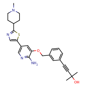 Chemical structure of 4-(3-(((2-amino-5-(2-(1-methylpiperidin-4-yl)thiazol-5-yl)pyridin-3-yl)oxy)methyl)phenyl)-2-methylbut-3-yn-2-ol , CAS 2380300-79-6, AChemBlock X209147