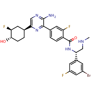 Chemical structure of 4-(3-amino-6-((1S,3S,4S)-3-fluoro-4-hydroxycyclohexyl)pyrazin-2-yl)-N-((S)-1-(3-bromo-5-fluorophenyl)-2-(methylamino)ethyl)-2-fluorobenzamide , CAS 1715025-32-3, AChemBlock X209148