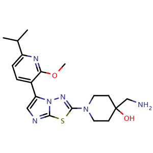 Chemical structure of 4-(aminomethyl)-1-(5-(6-isopropyl-2-methoxypyridin-3-yl)imidazo[2,1-b][1,3,4]thiadiazol-2-yl)piperidin-4-ol , CAS 2640567-43-5, AChemBlock X209152