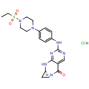 Chemical structure of 4-(cyclopropylamino)-2-((4-(4-(ethylsulfonyl)piperazin-1-yl)phenyl)amino)pyrimidine-5-carboxamide hydrochloride , CAS 1369761-01-2, AChemBlock X209154